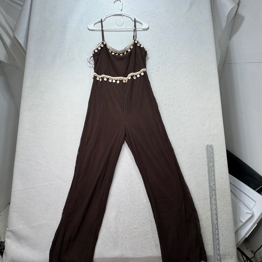 12th Tribe Jumpsuit Womens Large Brown Shell Crochet Knit Boho Beach Vacation